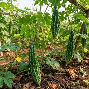 Bitter Gourd Lima Seeds producing long green bitter gourds growing on healthy climbing vines with yellow flowers in a home garden.