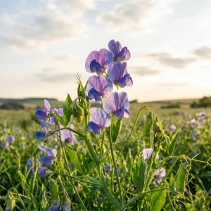 • Blooming Grass Pea Lathyrus sativus field with blue violet flowers
